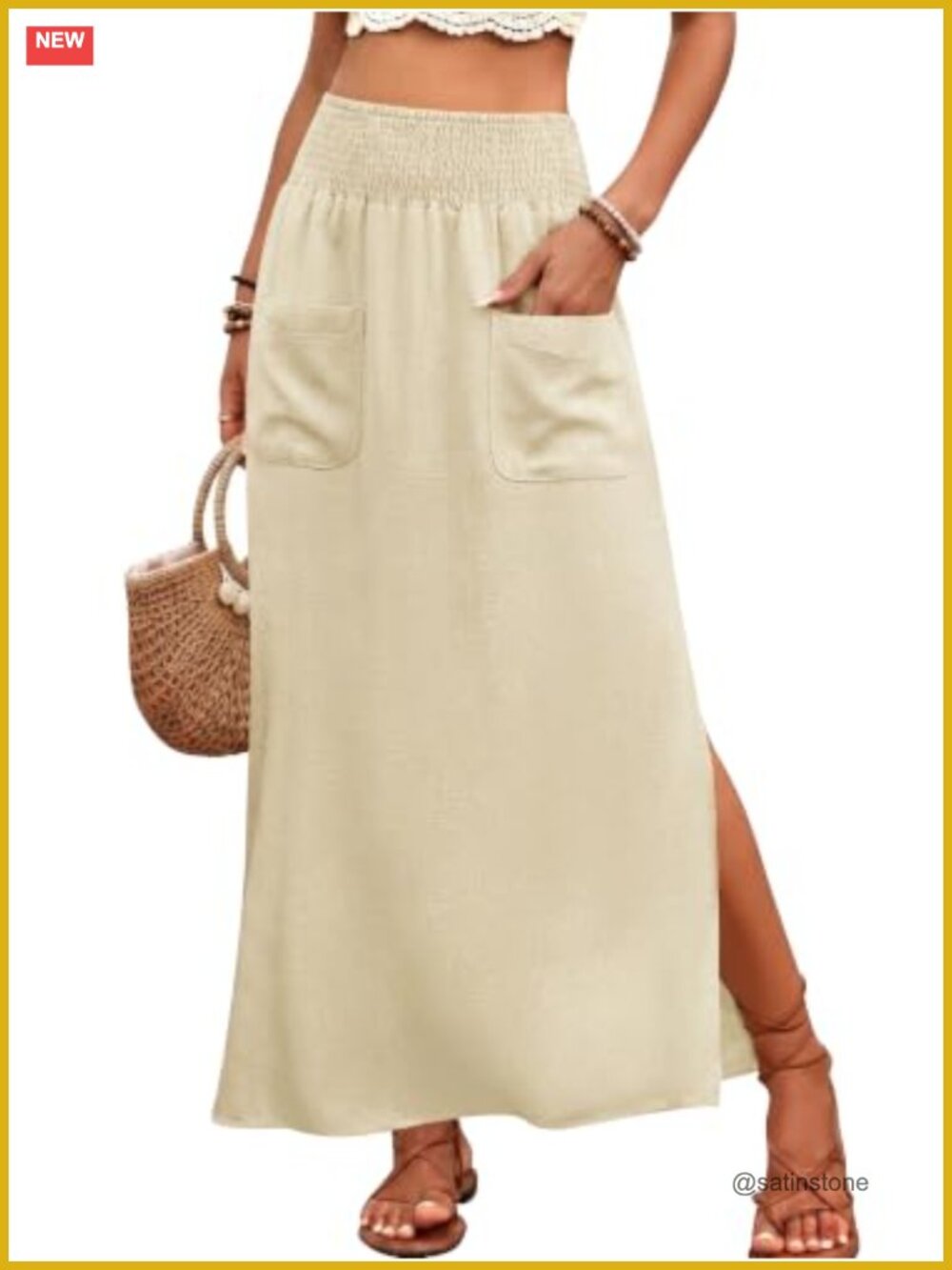 Womens Linen Maxi Skirt High Waist Side Slit Flowy Beach Skirt